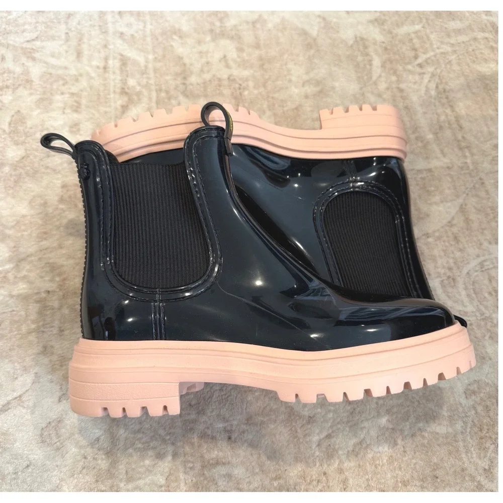 Lemon Jelly City 01 Black Pink Ankle Rain Boots Vegan Chelsea Boot Size 38 NWOB